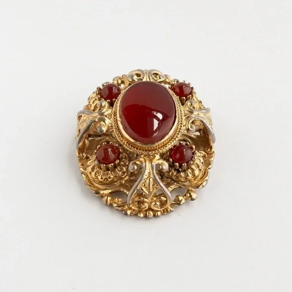 Vintage Sphinx Brooch Pin Red Poured Glass & Cabochon Rococo Baroque Style A530 - Picture 3 of 13